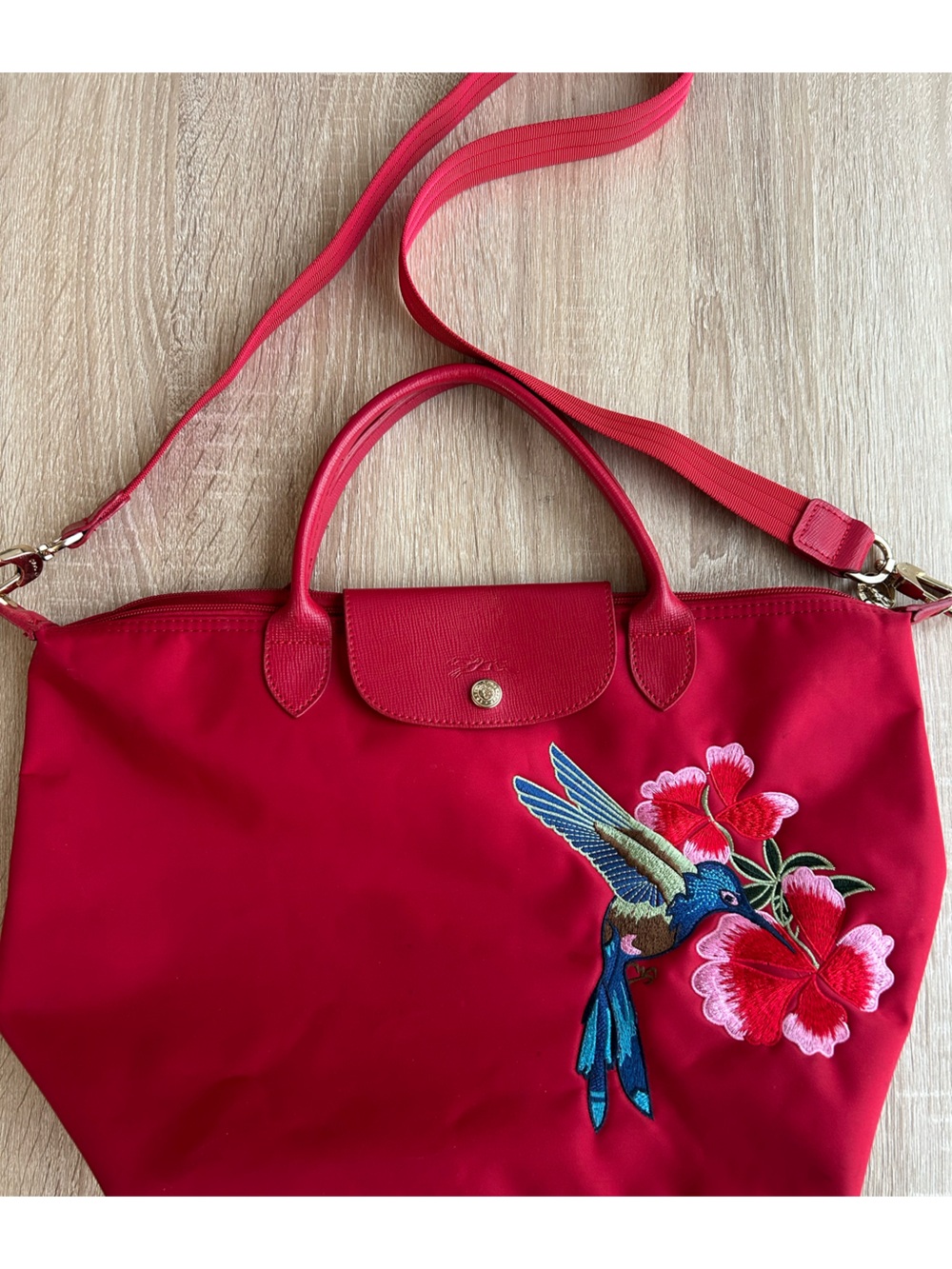 Longchamp Le Pliage Red Embroidered Hummingbird Tote Shoulder Crossbody Bag
